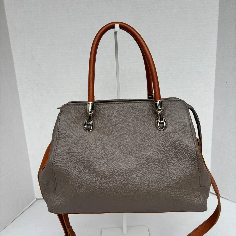 Valentina Italy Pebbled Leather Satchel Bag Taupe Cognac Brown sil Hardware NWOT